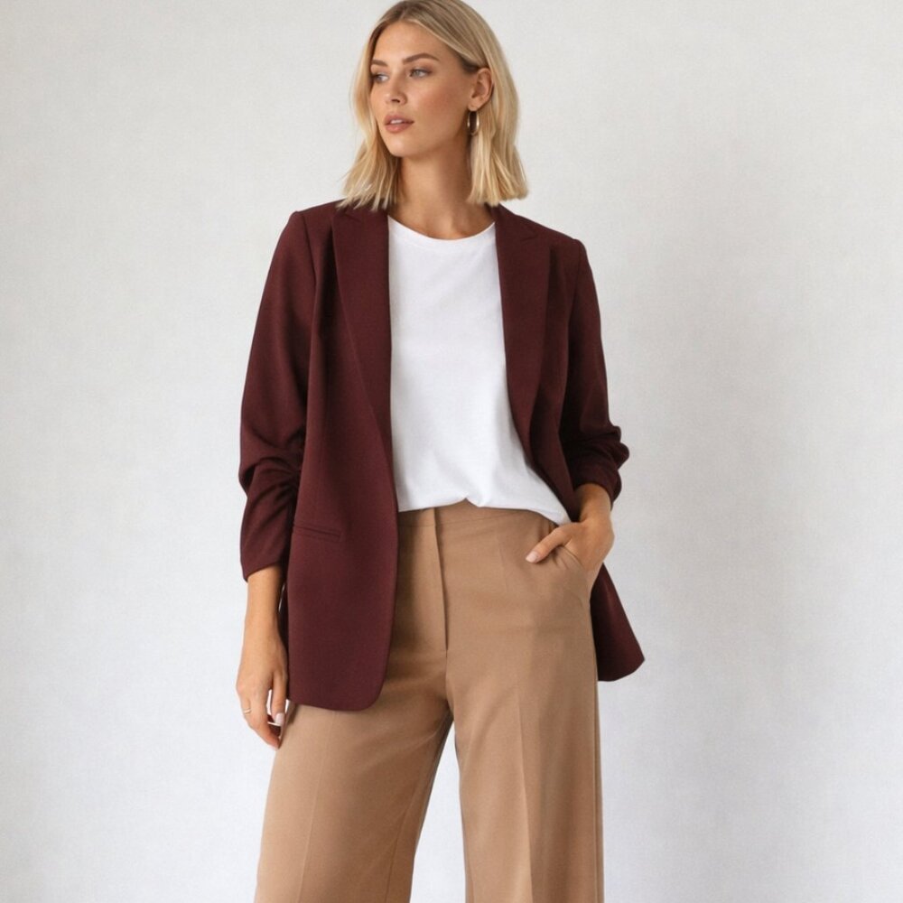 Skies Are Blue Anthropologie Burgundy Open Front Blazer Jacket Career Office S